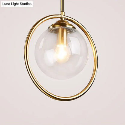 Minimalist Brass Plated Ball Drop Pendant Light with Clear Glass and Ring Decoration