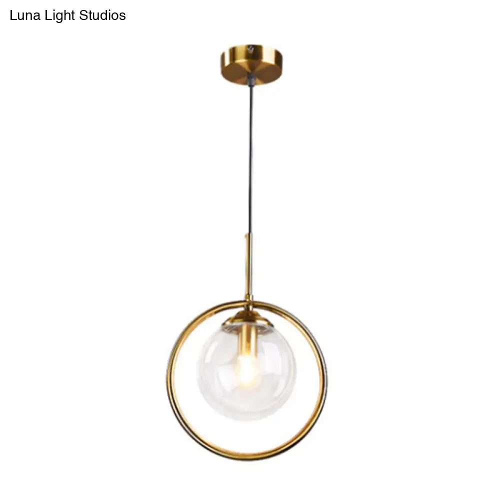 Minimalist Brass Plated Ball Drop Pendant Light with Clear Glass and Ring Decoration