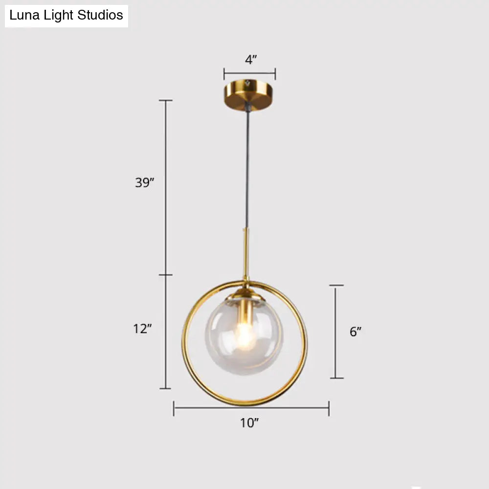 Minimalist Brass Plated Ball Drop Pendant Light with Clear Glass and Ring Decoration