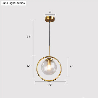 Minimalist Brass Plated Ball Drop Pendant Light with Clear Glass and Ring Decoration