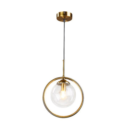 Minimalist Brass Plated Ball Drop Pendant Light with Clear Glass and Ring Decoration