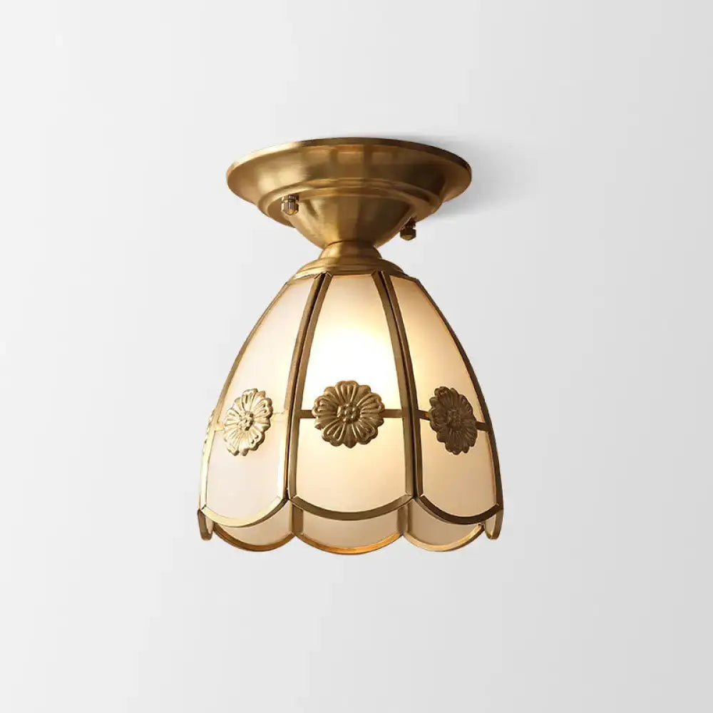 DecorBites minimalist brass flush mount with scalloped frosted glass shade and embossed floral motifs single bulb flush lighting