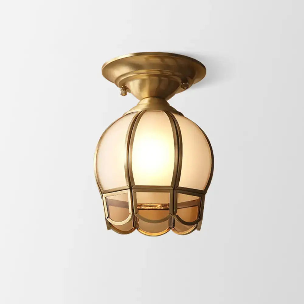DecorBites™ minimalist brass flush mount ceiling lantern with scalloped metal and warm frosted glass shade single bulb flush