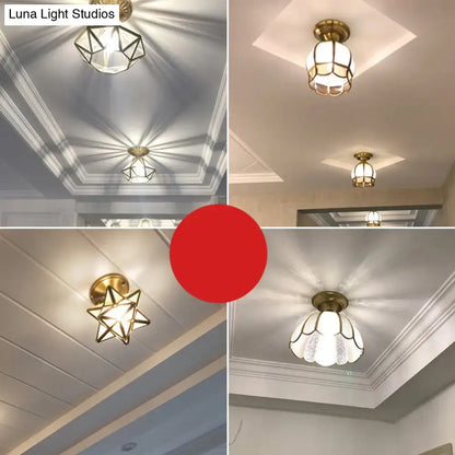 Decorbites minimalist brass semi flush mount ceiling light with gold geometric floral design and frosted glass shade flush mount