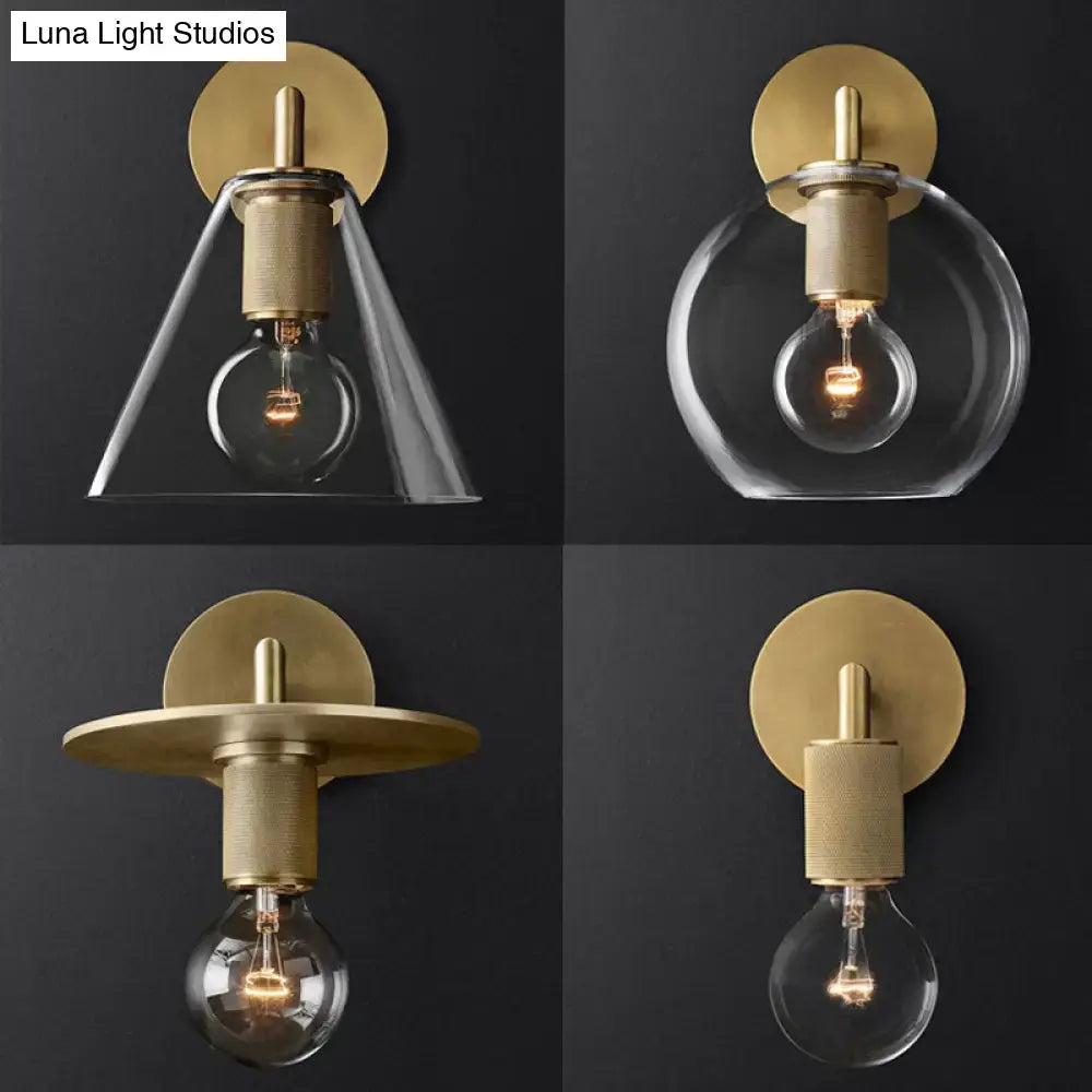 Decorbites minimalist bronze wall sconce with brass finish and glass shade options including triangular spherical and disc shapes with light bulb