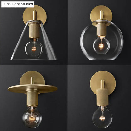Decorbites minimalist bronze wall sconce with brass finish and glass shade options including triangular spherical and disc shapes with light bulb