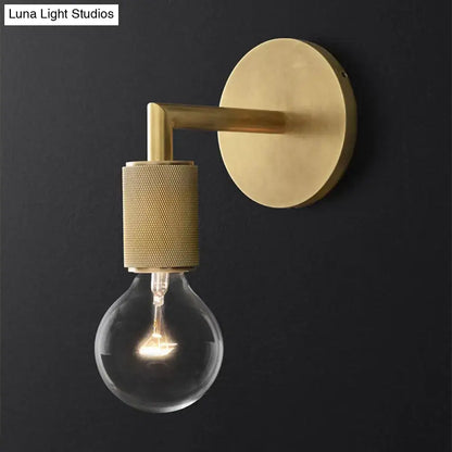Decorbites minimalist bronze wall sconce with brass finish textured accent and exposed light bulb with glass shade options