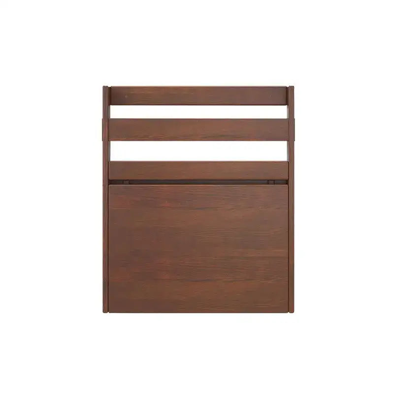 Brown wooden folding chair with slatted back and polished finish paired with decorbites compact corner desk
