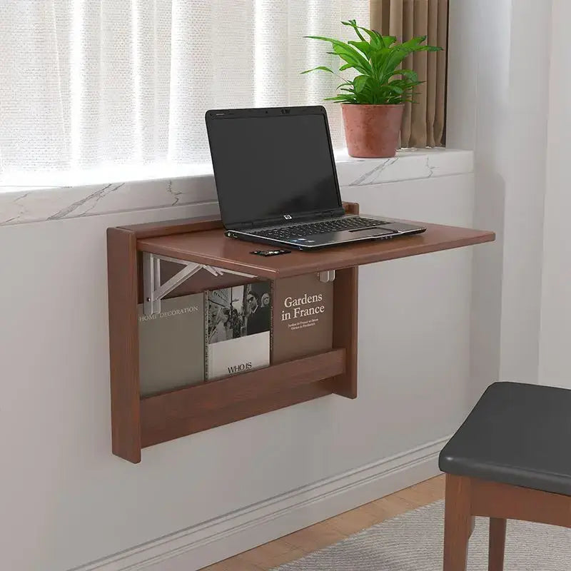 Minimalist brown wooden wall-mounted foldable compact corner desk with integrated magazine storage by decorbites