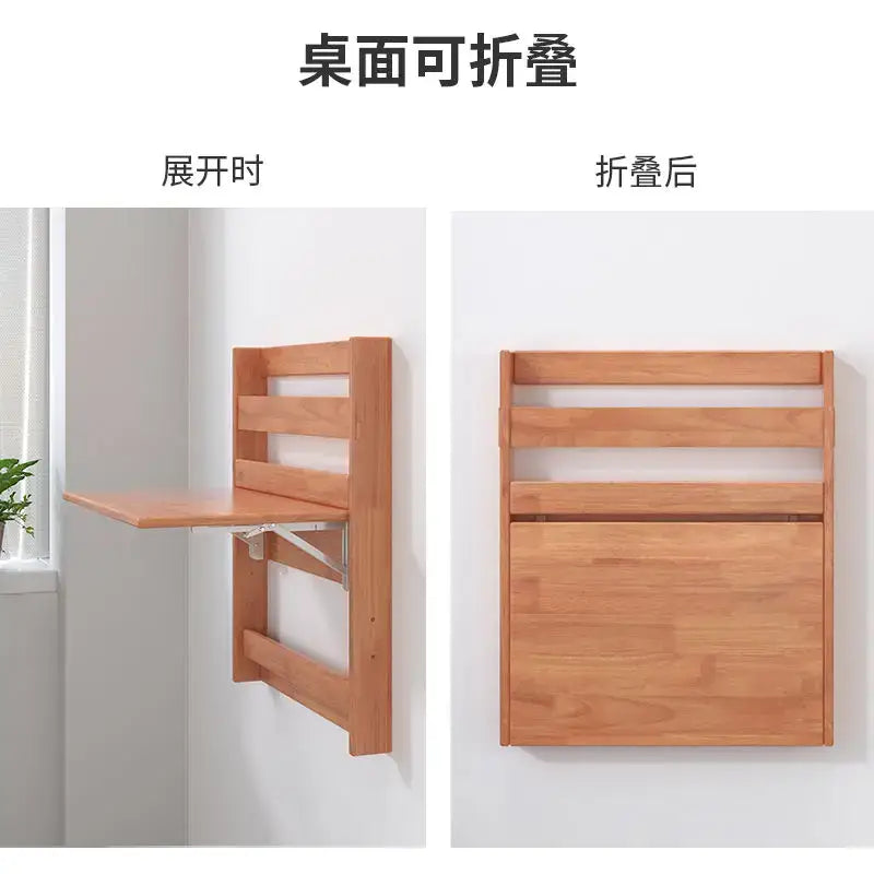 Minimalist light brown wooden foldable wall-mounted decorbites compact corner desk with slatted back and metal hinge mechanism