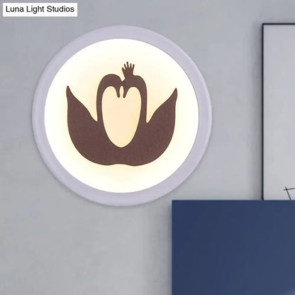 Minimalist 12 inch wall light with brown swan silhouette and soft white glow for bedroom LED fixture