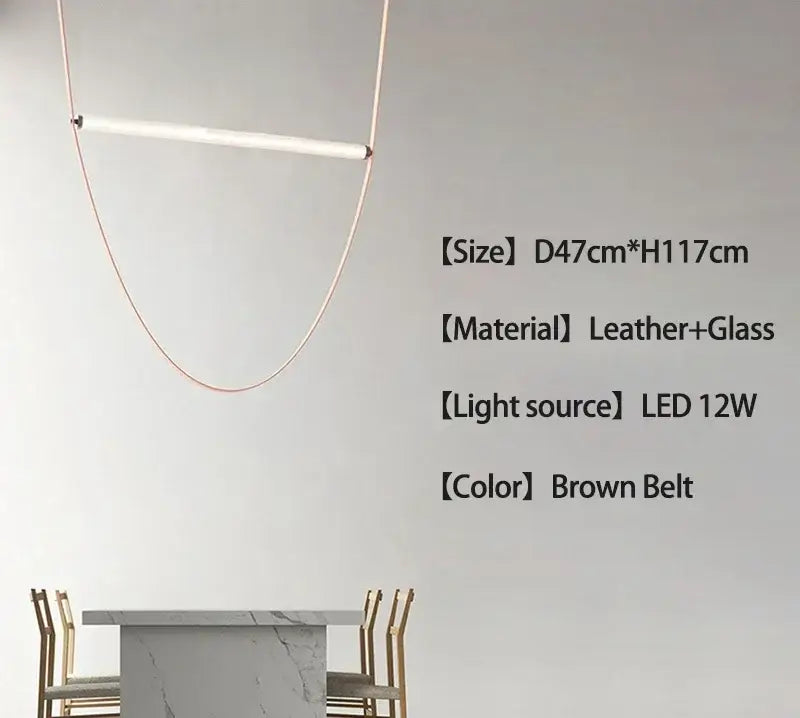 Minimalist brown leather hanging clothes drying rack with a sleek copper pendant lamp and white glass element decorbites belt pendant light