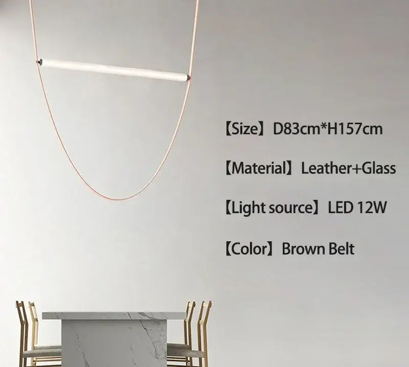 Minimalist brown leather hanging clothes drying rack with brown leather and glass pendant lamp and copper pendant light frame