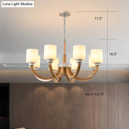 Minimalist Brown Wooden Chandelier with White Glass Shade