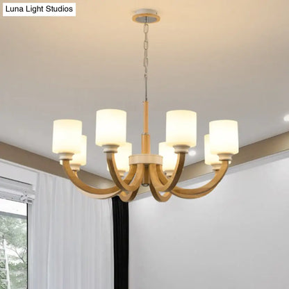 Minimalist Brown Wooden Chandelier with White Glass Shade