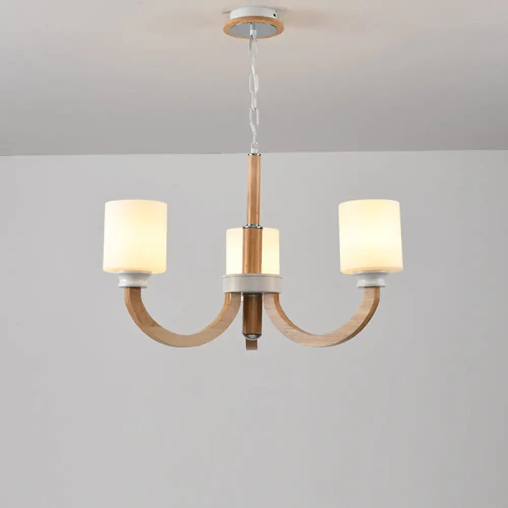 Minimalist Brown Wooden Chandelier with White Glass Shade