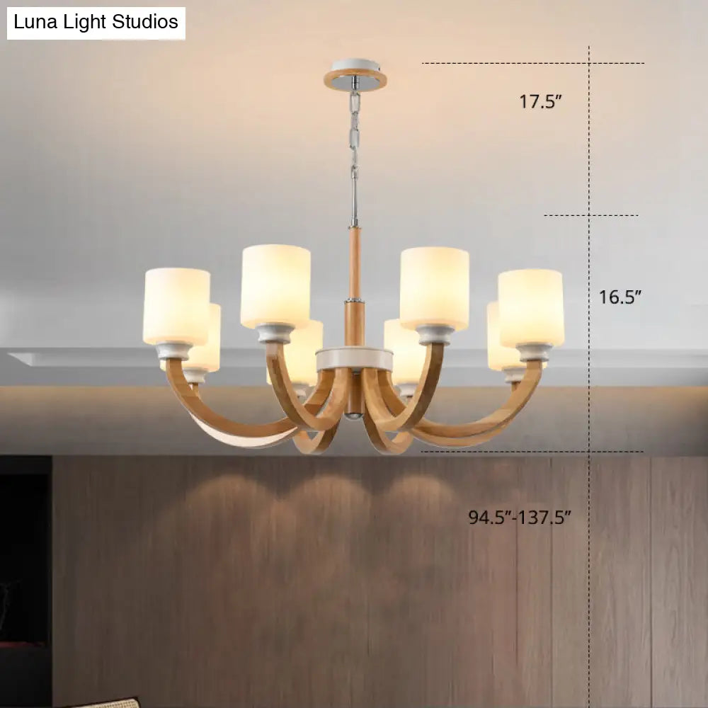 Minimalist Brown Wooden Chandelier with White Glass Shade