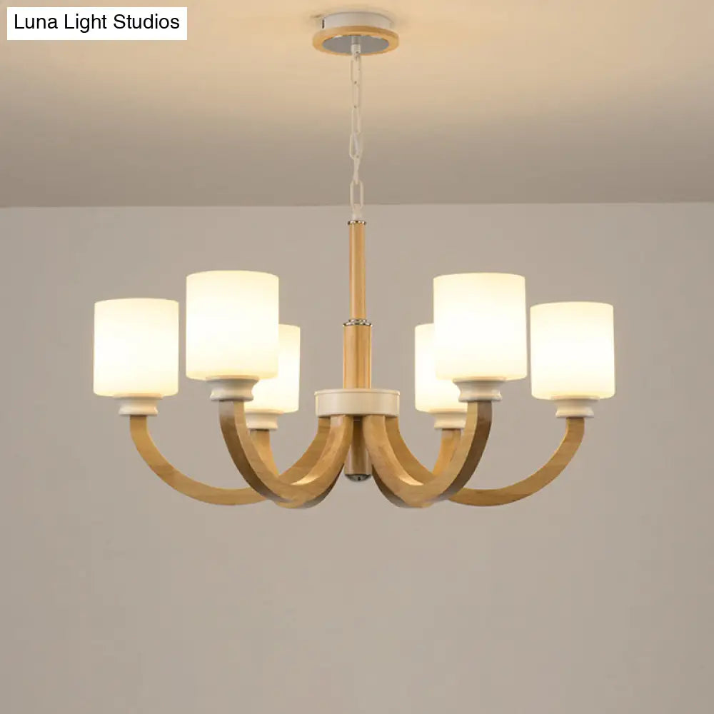 Minimalist Brown Wooden Chandelier with White Glass Shade