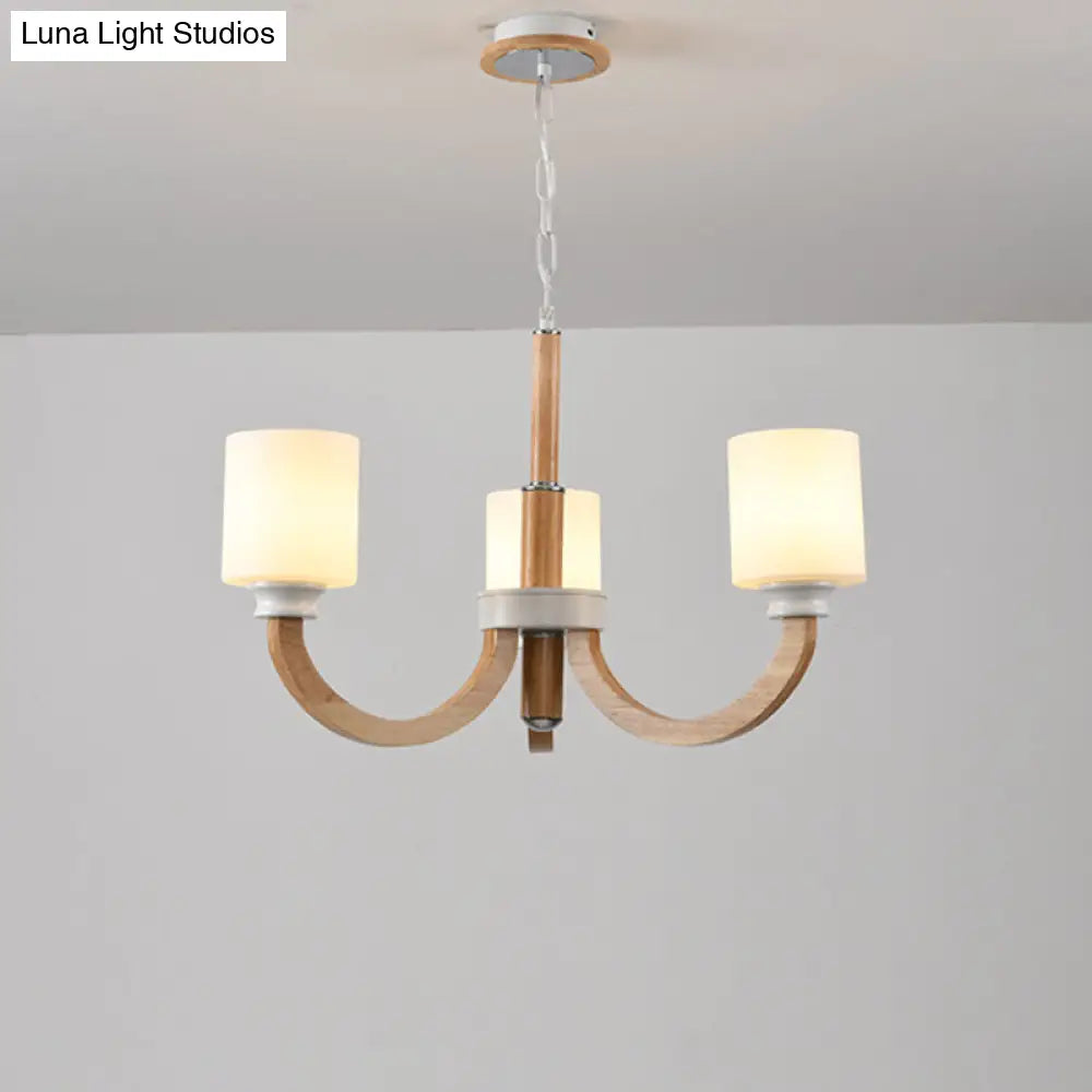 Minimalist Brown Wooden Chandelier with White Glass Shade