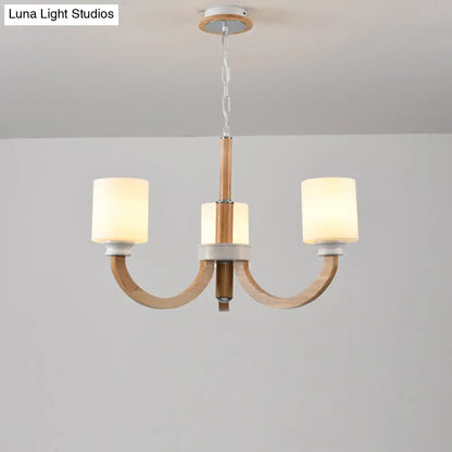 Minimalist Brown Wooden Chandelier with White Glass Shade