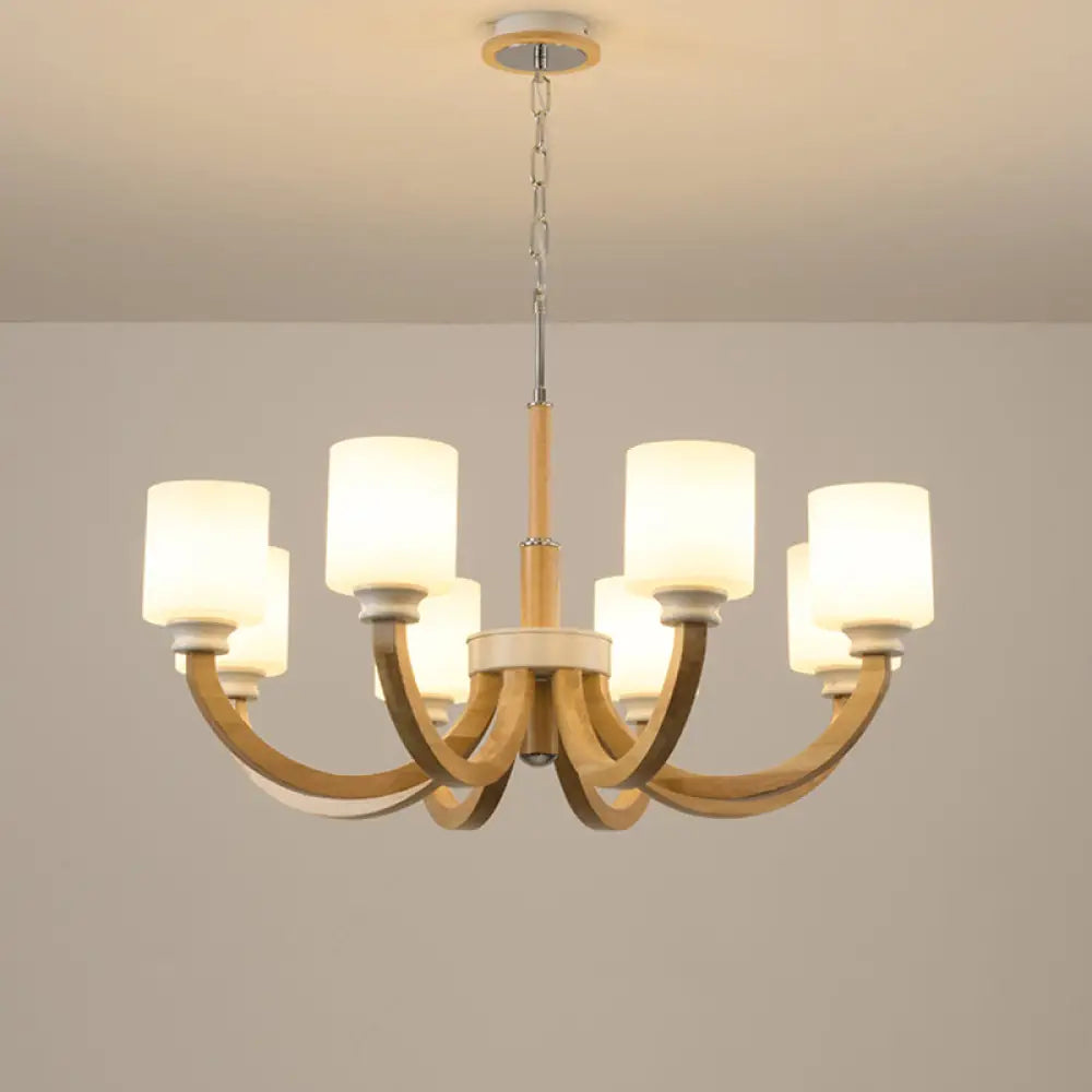 Minimalist Brown Wooden Chandelier with White Glass Shade