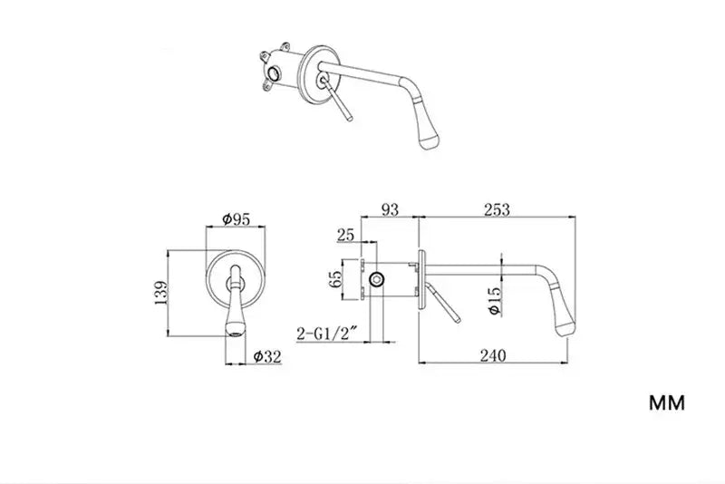 Wall-mounted brushed gold basin faucet with curved spout and integrated handle by decorbites in technical dimensions