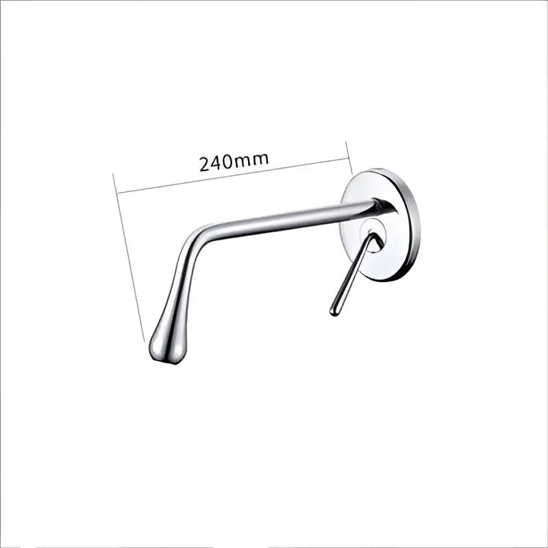 A sleek chrome finished wall mounted basin faucet with curved spout and single lever handle for modern bathrooms