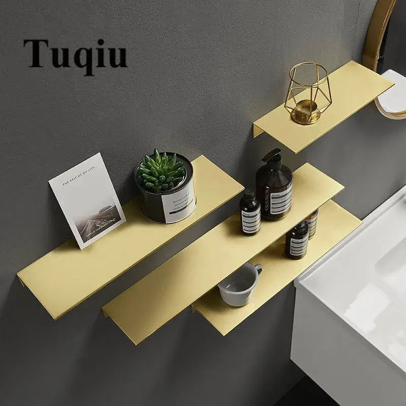 Minimalist brushed gold bathroom shelf with metal floating design for shampoo rack decorbites brushed gold style