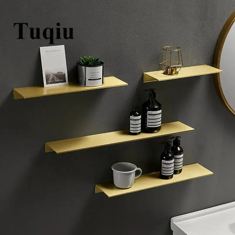 Minimalist brushed gold metal floating shelves with sleek design for bathroom decorbites brushed gold bathroom use