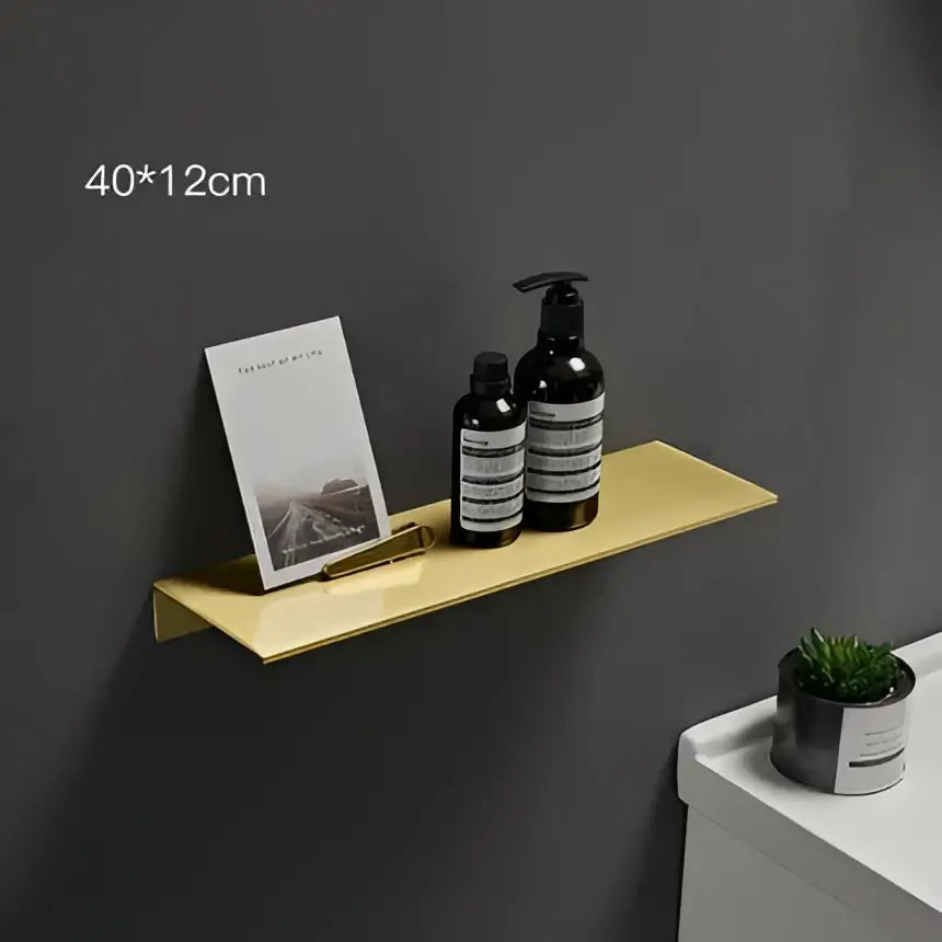 Brushed gold metal wall shelf with sleek minimalist design for bathroom shampoo storage decorbites brushed gold