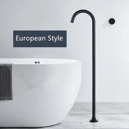 Black matte-finished european-style freestanding bathtub shower faucet with curved spout and minimalist design