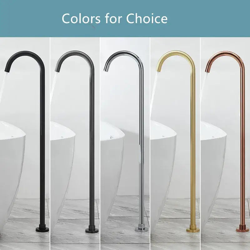 Minimalist brushed gold and black bathtub shower faucet available in modern tall design with chrome and copper finishes