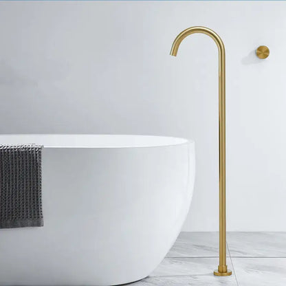 Minimalist brushed gold freestanding bathtub shower faucet with sleek curved spout and black accents for modern bathrooms