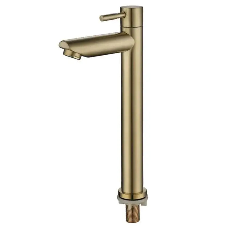 A sleek minimalist brushed gold stainless steel single hole bathroom faucet with brass finish and cylindrical spout