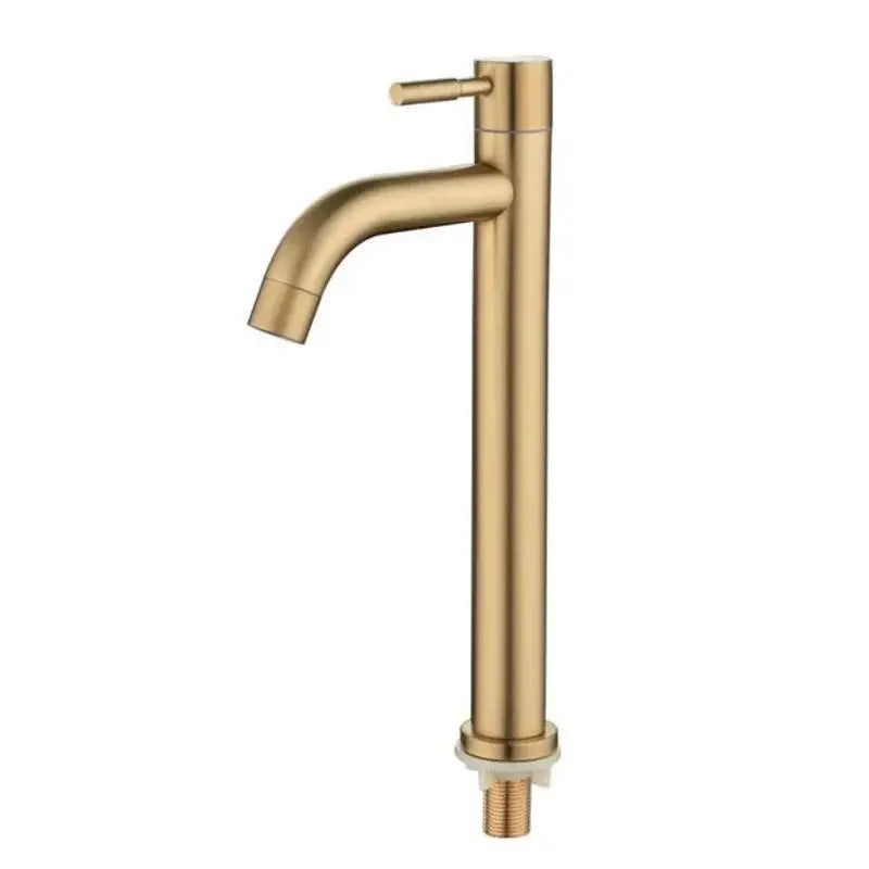 Minimalist brushed gold stainless steel single hole bathroom faucet with tall cylindrical body and curved spout