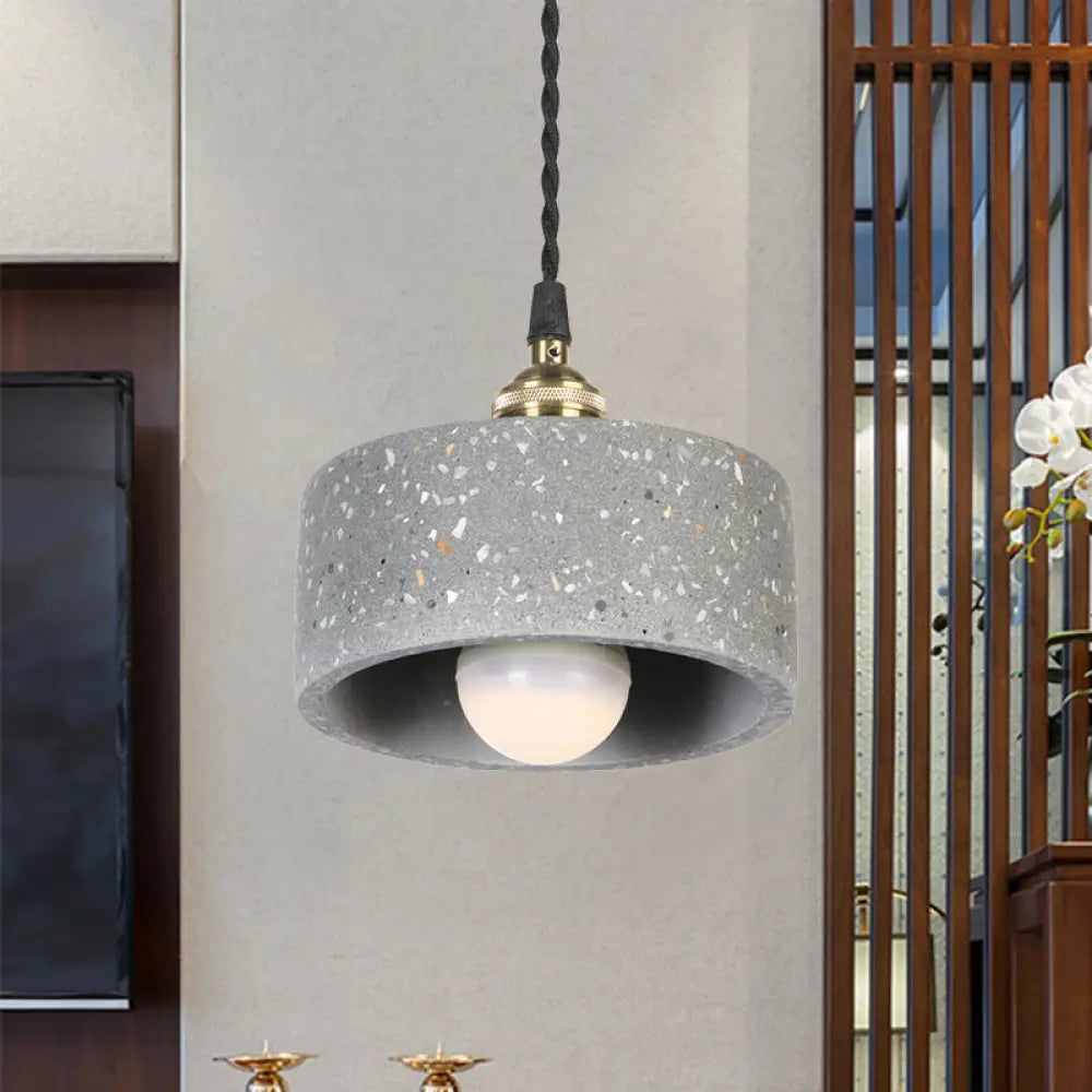 Minimalist Cement Suspension Pendant Light for Kitchen - Single Head Drum Shape Undertint Design