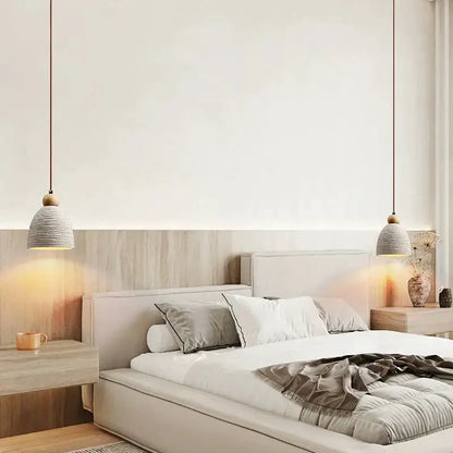 Minimalist ceramic petal pendant chandelier with woven gray shades and wooden tops for concrete ceiling hanging decorbites