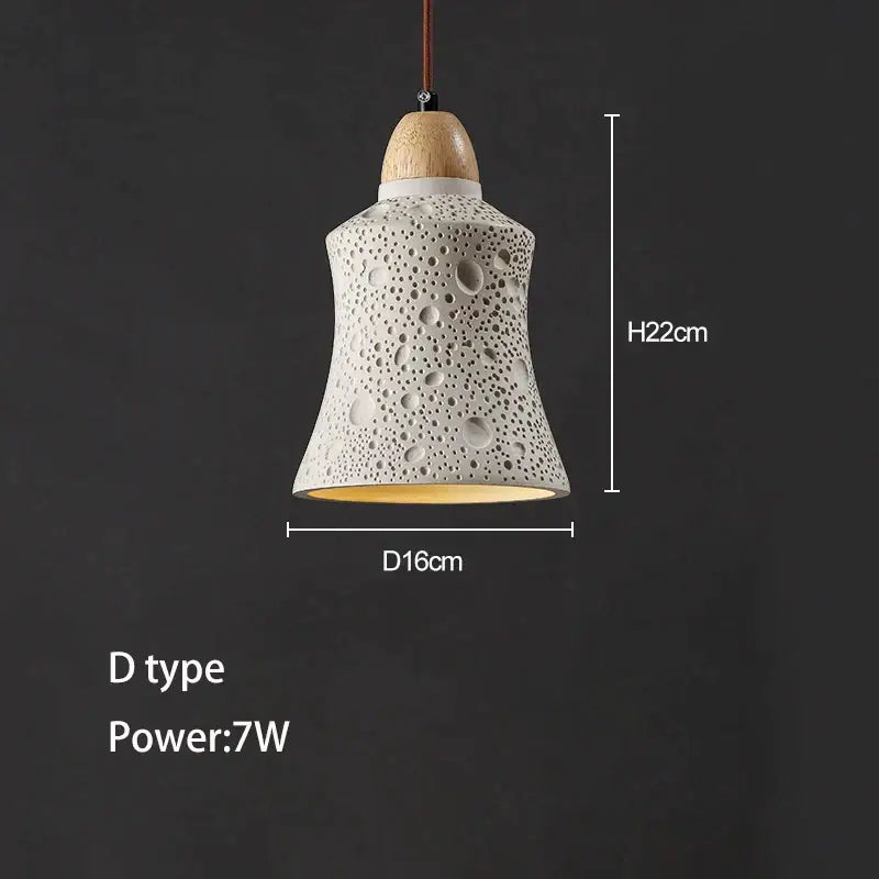 Minimalist white ceramic pendant chandelier with textured perforated bell shape and natural wood top for concrete ceiling hanging decorbites