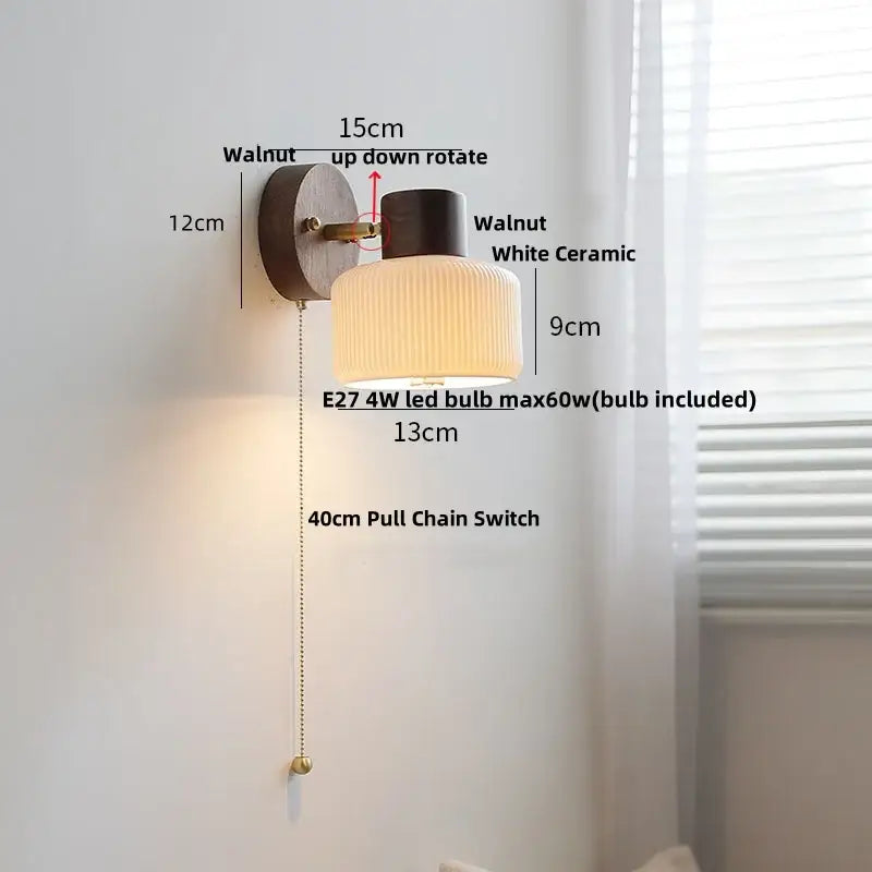 Walnut-finished wall light with white ceramic ribbed lampshade and included e27 4w led bulb by decorbites ceramic walnut wood