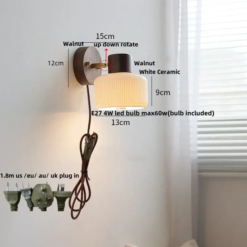 Minimalist ceramic walnut wood wall light with walnut finish white ceramic ribbed lampshade and adjustable bracket