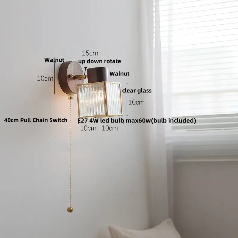Minimalist ceramic walnut wood wall light with walnut finish, clear ribbed glass shade, and brass accents for bedroom decorbites ceramic walnut