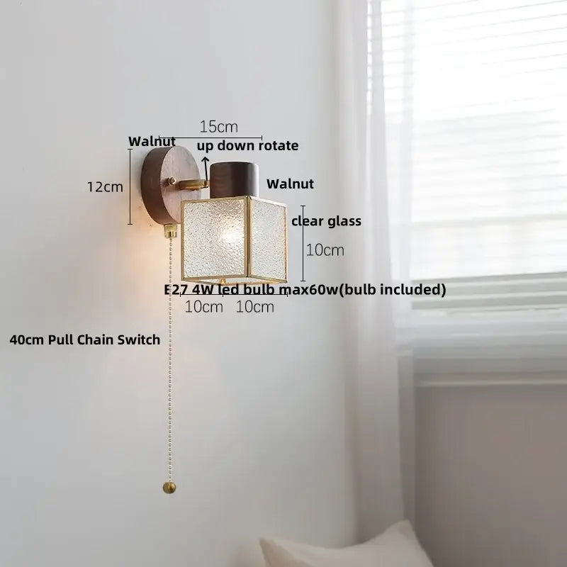 Walnut-finished wall light with clear textured glass cube and brass trim featuring e27 led bulb by decorbites ceramic walnut wood