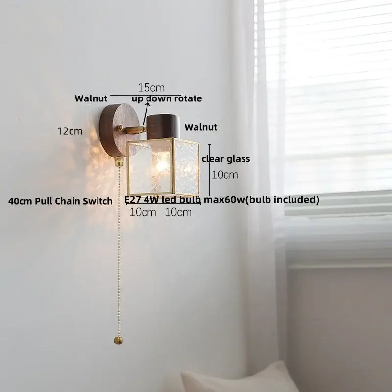 Minimalist ceramic walnut wood wall light with walnut finish brass-framed glass lantern and e27 4w led bulb by decorbites