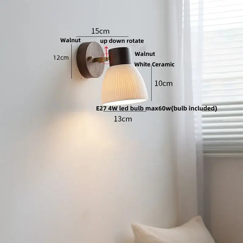 Minimalist wall light with ceramic walnut wood finish and white ribbed ceramic lampshade for bedroom reading decorbites ceramic walnut