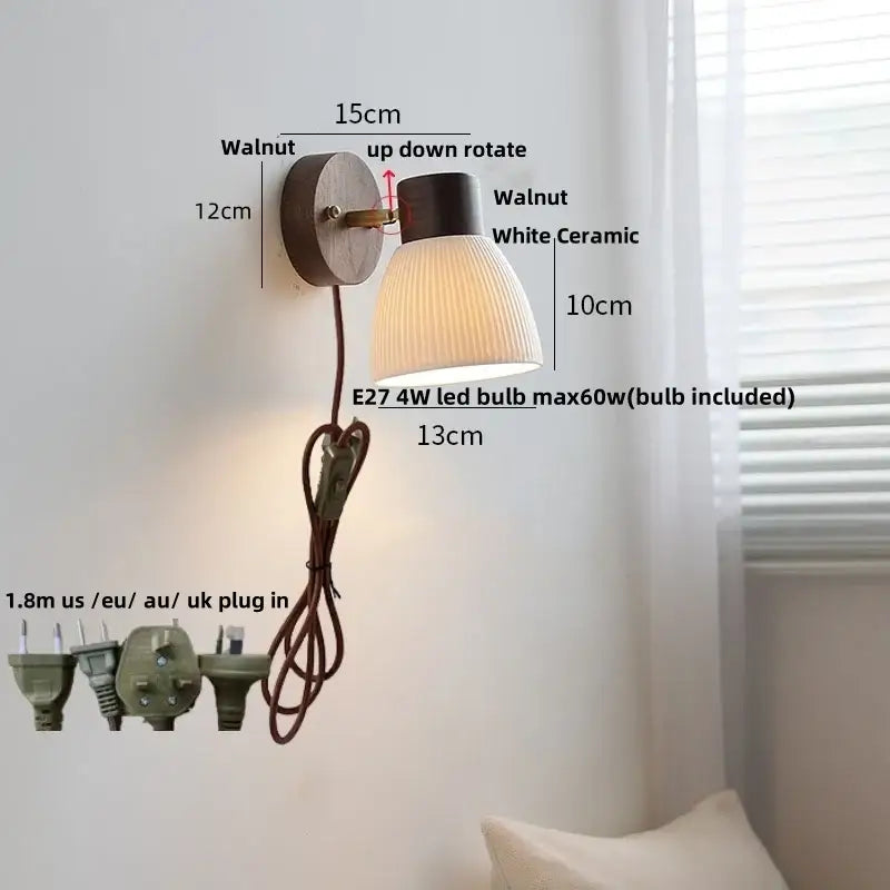 Walnut finished wall light with white ceramic ribbed lampshade and adjustable up-down rotating head by decorbites ceramic walnut wood
