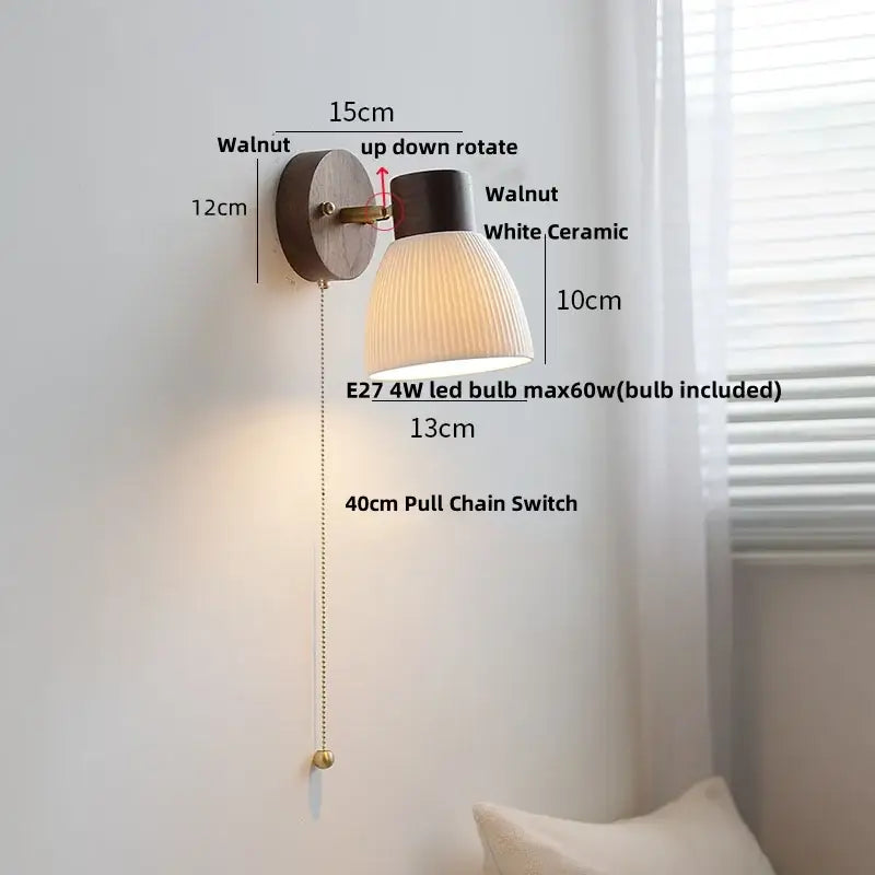 Minimalist ceramic walnut wood wall light with walnut finish and white ribbed ceramic lampshade for bedroom reading