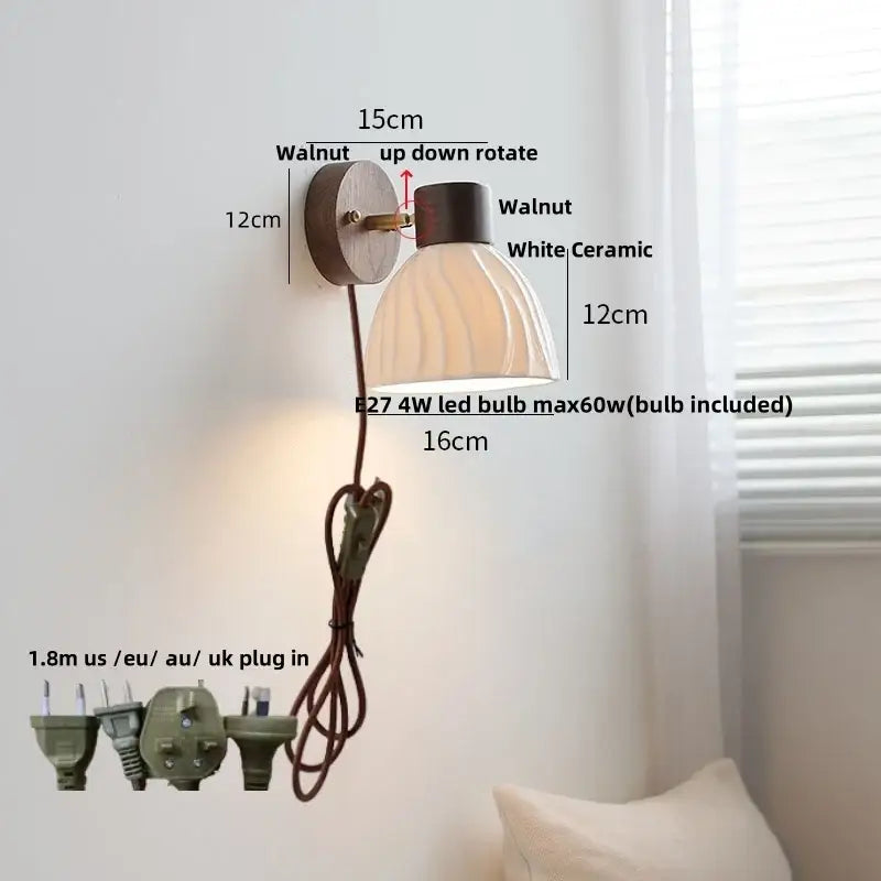 Minimalist wall light with a walnut-finished circular base and adjustable white ceramic shade for bedroom reading decorbites ceramic walnut wood