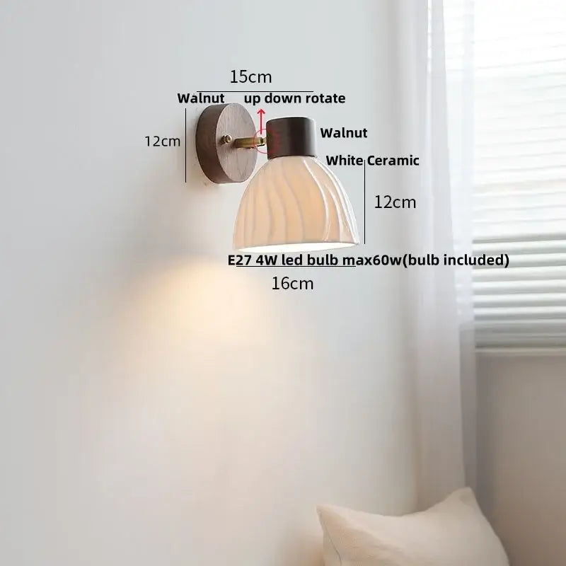 Minimalist wall light with ceramic walnut wood base and white ridged ceramic shade for bedroom reading decorbites ceramic walnut