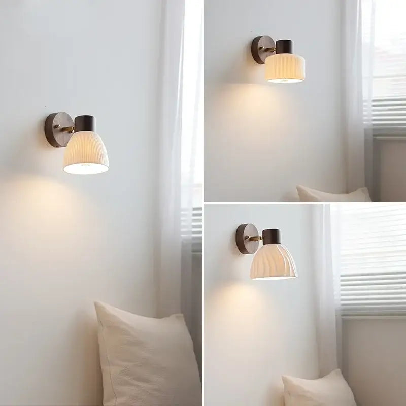 Minimalist wall light with matte black metal base and off-white ribbed glass shade for decorbites ceramic walnut wood use