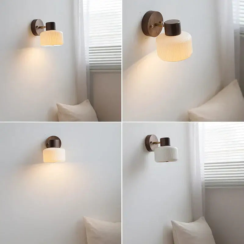 Minimalist ceramic walnut wood wall light with warm-toned ribbed glass lampshade and dark bronze finish wall light by decorbites ceramic walnut